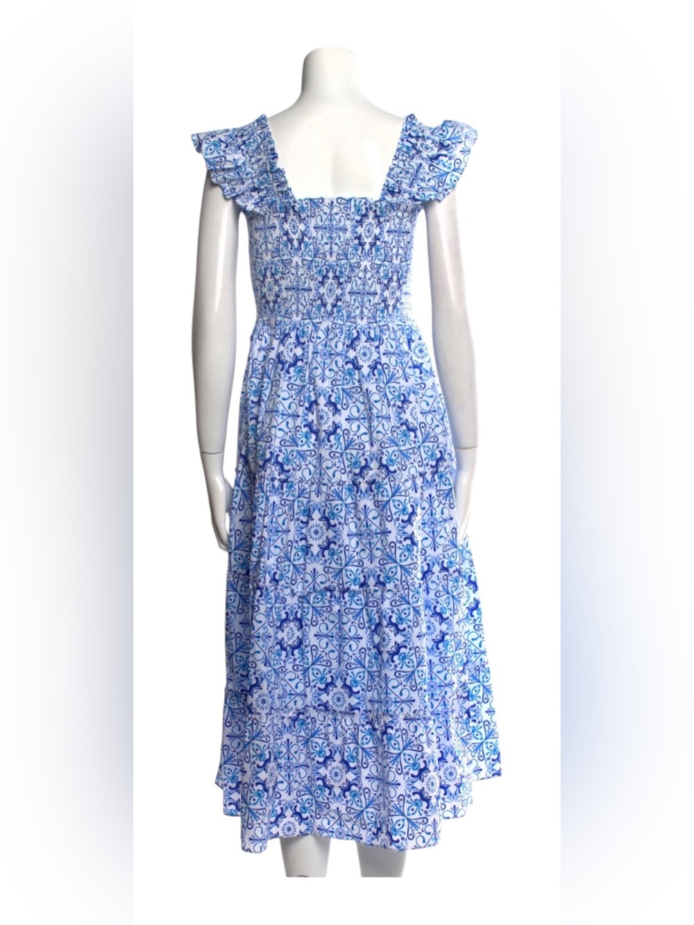 Hill House Home Blue Tile Print Smocked Midi Dress – Size Medium - Picture 9 of 16